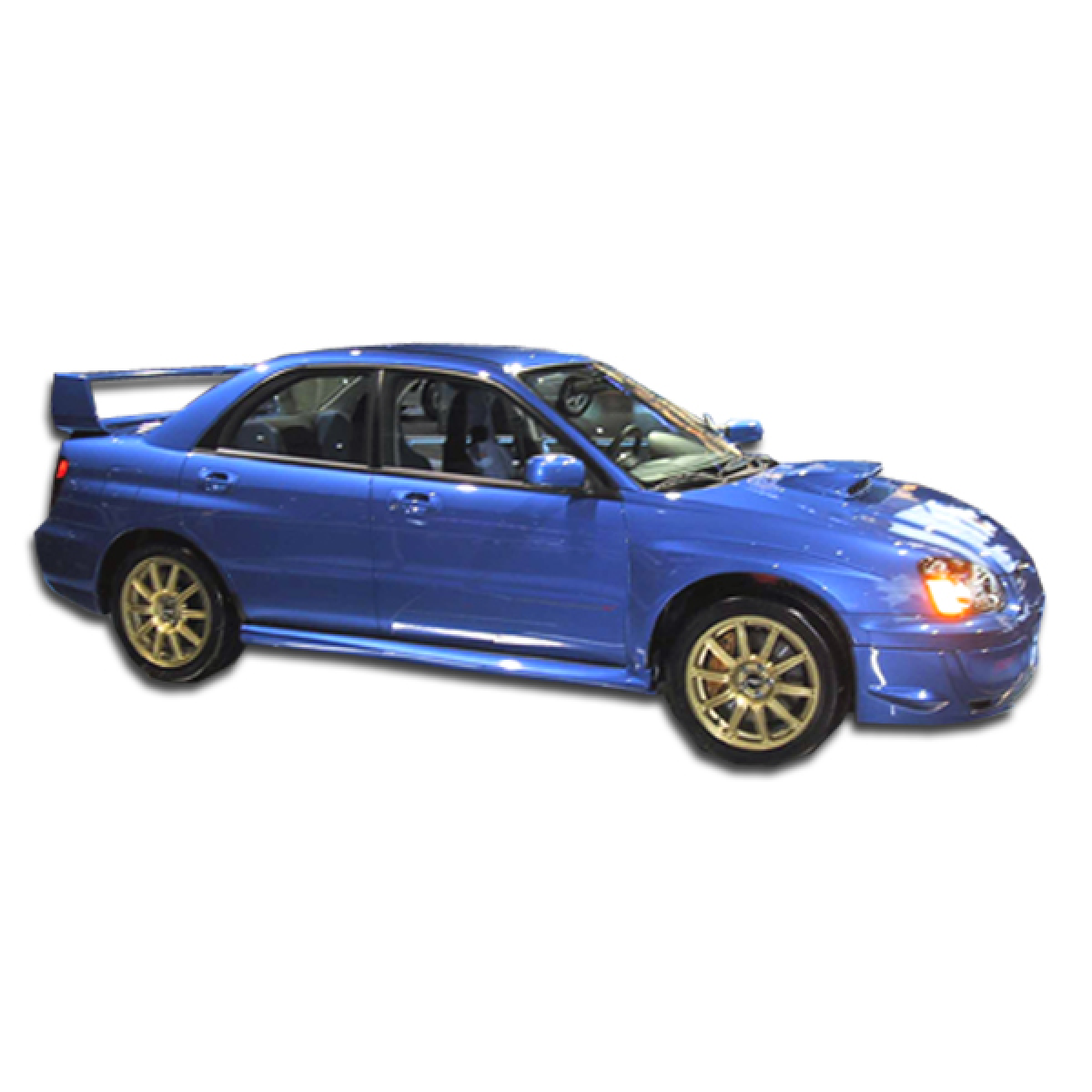 Modify your Subaru Impreza 2002 with our Exterior/Side Skirts - Side angle view of a blue Subaru Impreza