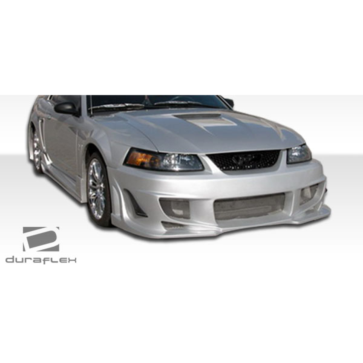 Modify your Ford Mustang 1999 with our Exterior/Side Skirts - Front angle view of a silver Ford Mustang