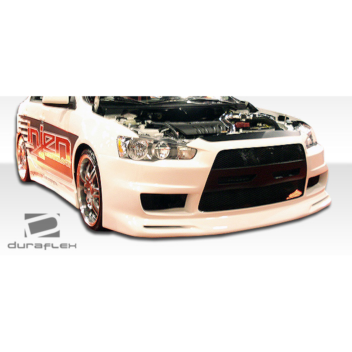 Modify your Mitsubishi Lancer 2008 with our Exterior/Front Bumpers or Lips - Front angle view of bumper on white lancer