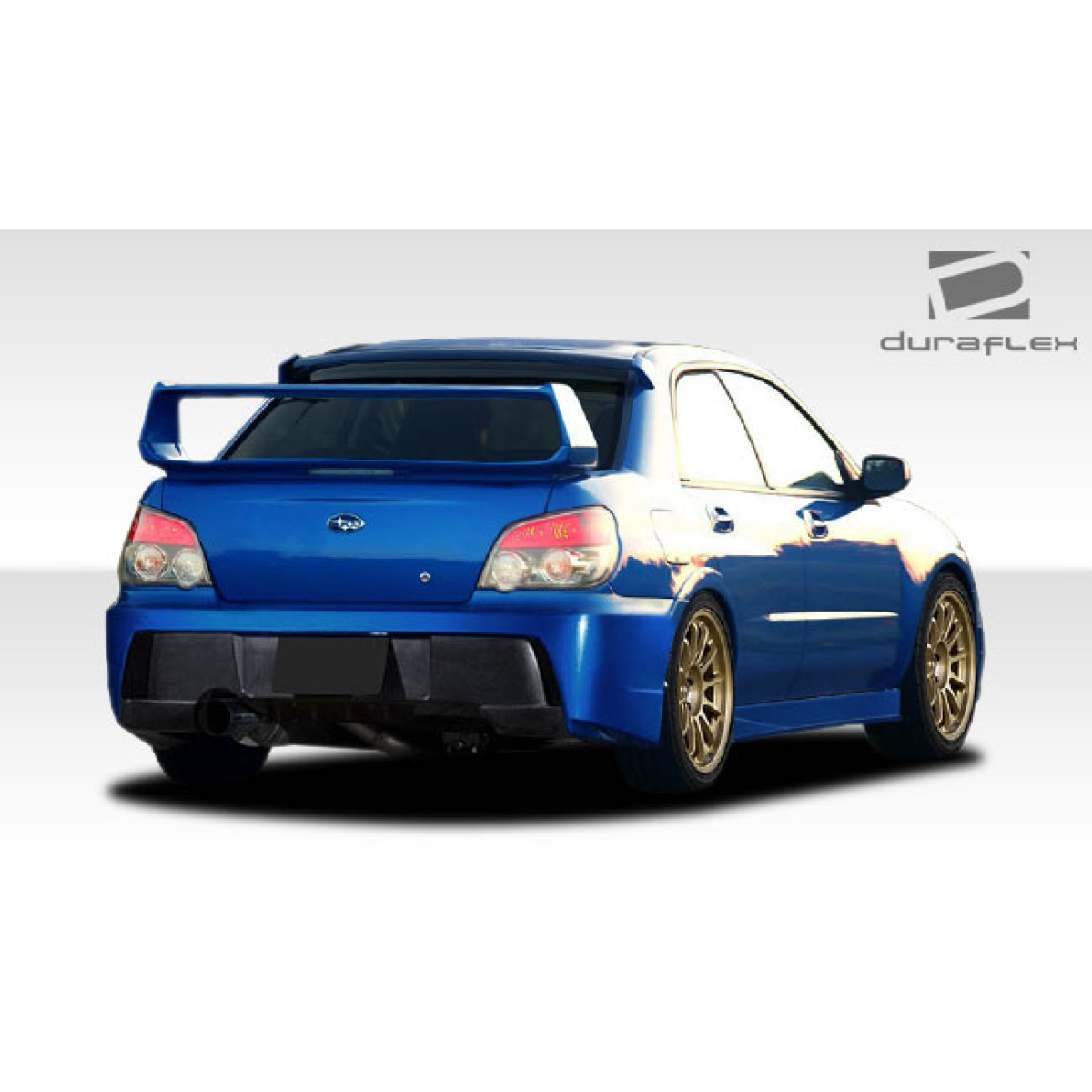 Modify your Subaru Impreza 2006 with our Exterior/Complete Body Kits - Rear angle view of a blue Subaru Impreza