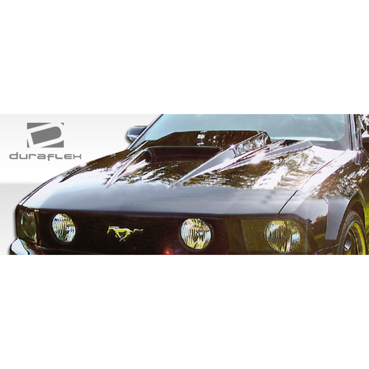 Modify your Ford Mustang 2005 with our Exterior/Hoods - Front angle view of the hood on the car