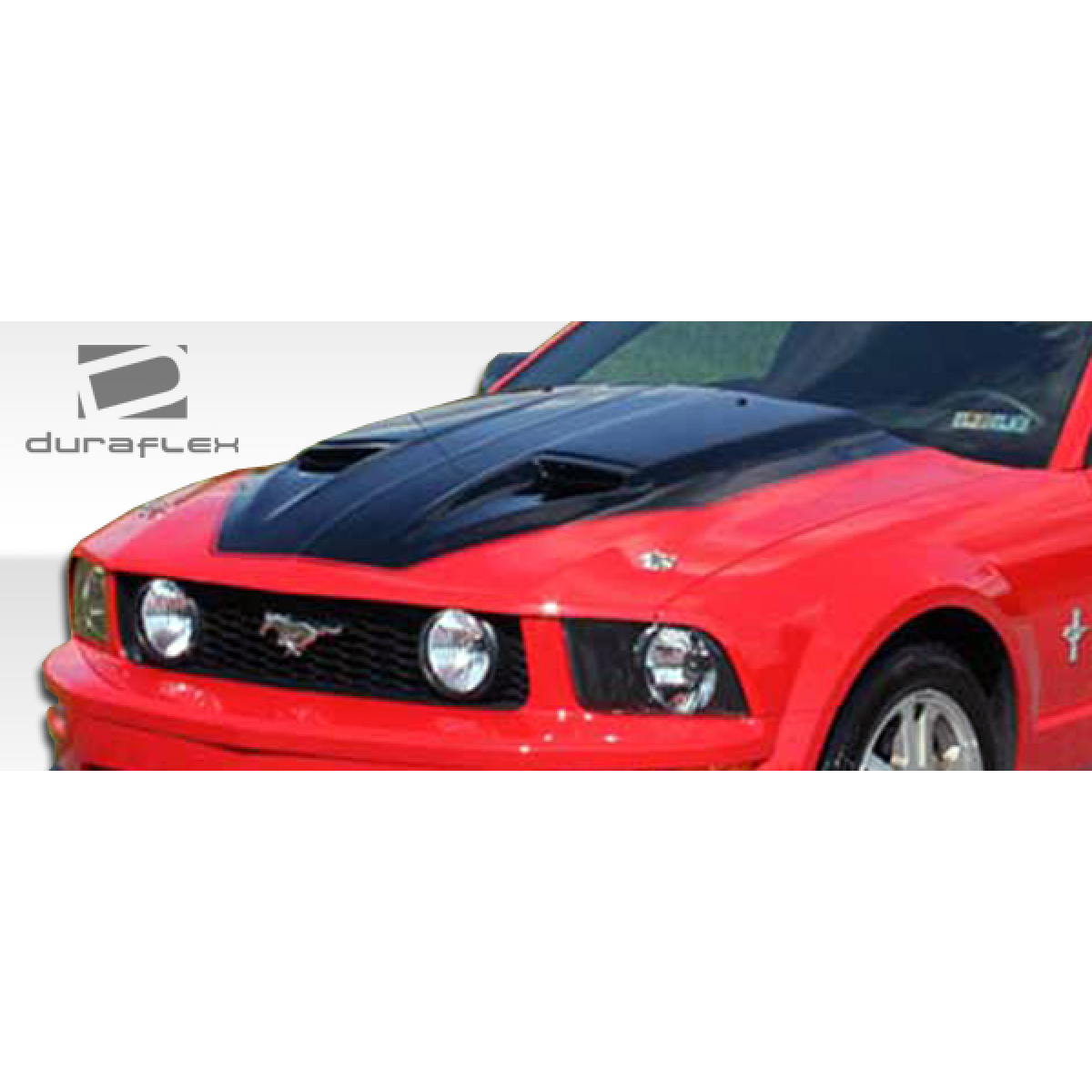 Modify your Ford Mustang 2005 with our Exterior/Hoods - Front angle view of a red Ford Mustang hood