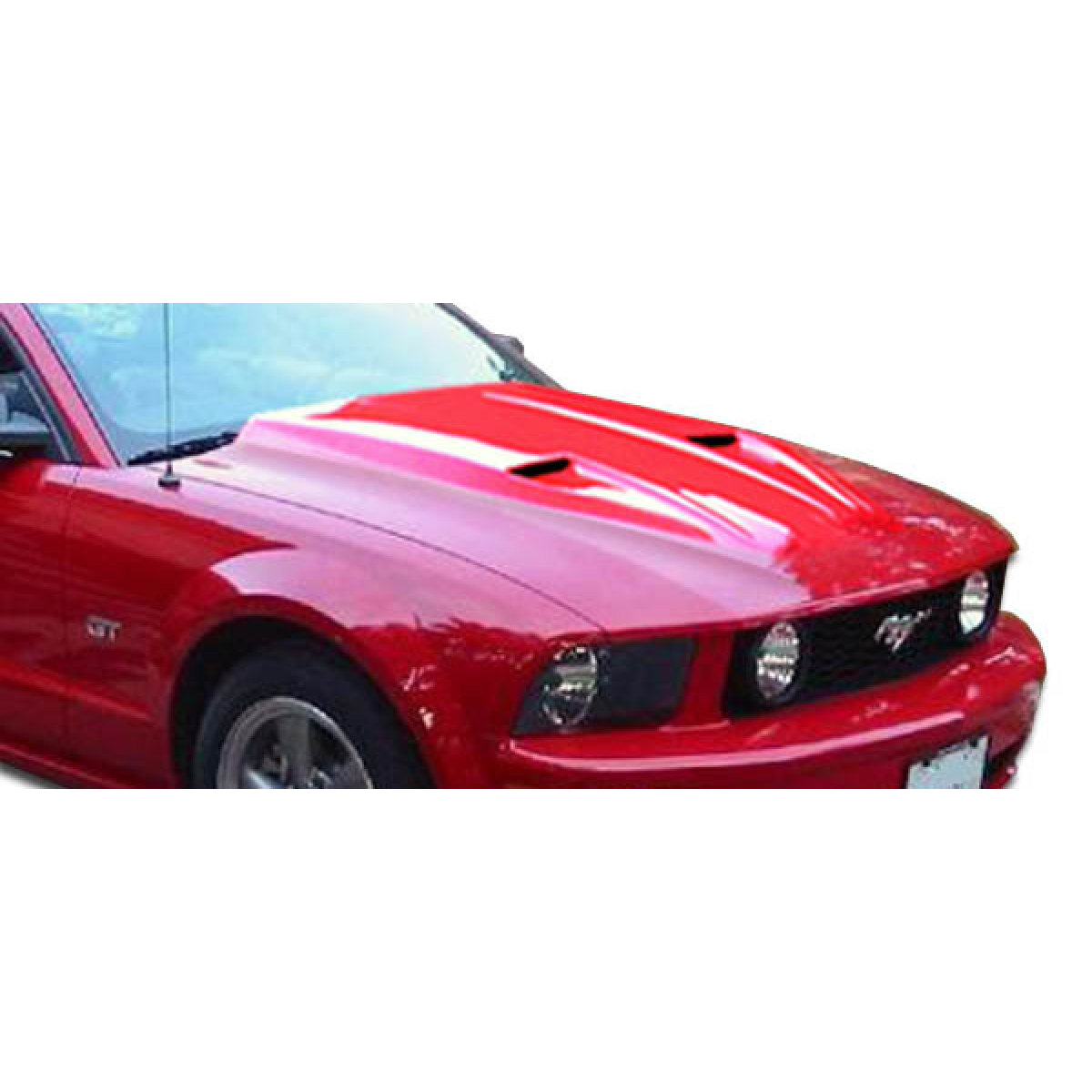 Modify your Ford Mustang 2005 with our Exterior/Hoods - Front angle view of hood on red Mustang