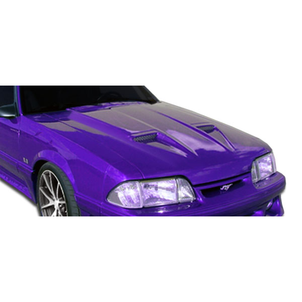Modify your Ford Mustang 1987 with our Exterior/Hoods - Front angled view of vehicle hood