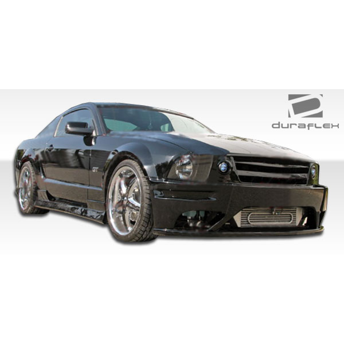 Modify your Ford Mustang 2005 with our Exterior/Side Skirts - Angled view of a black modified mustang car