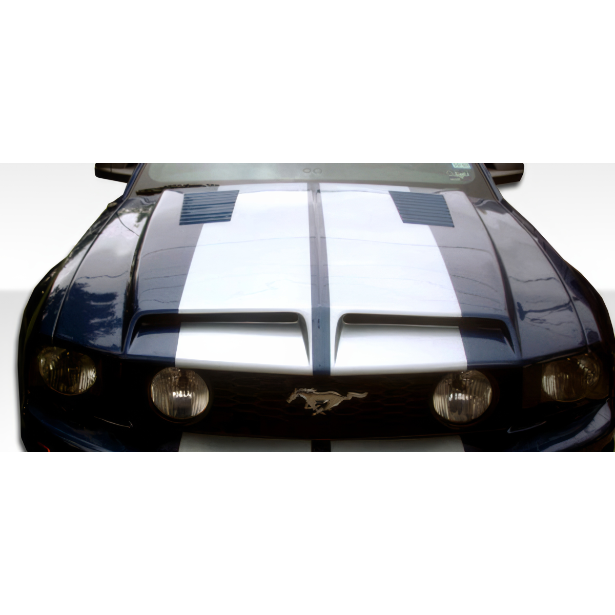 Modify your Ford Mustang 2005 with our Exterior/Hoods - Front view of the Mustang hood at eye level