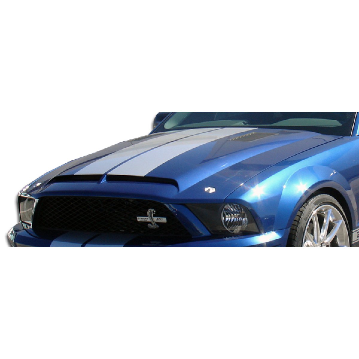 Modify your Ford Mustang 2005 with our Exterior/Hoods - Front quarter angle of a blue Mustang hood