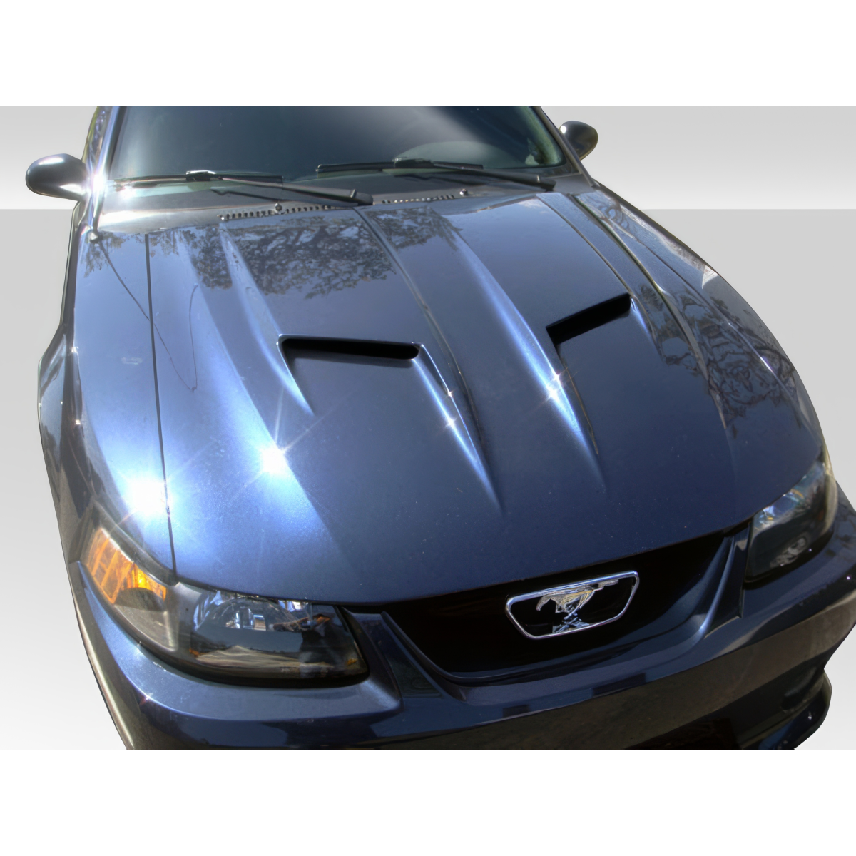 Modify your Ford Mustang 1999 with our Exterior/Hoods - Top down view of vehicle hood at slight angle