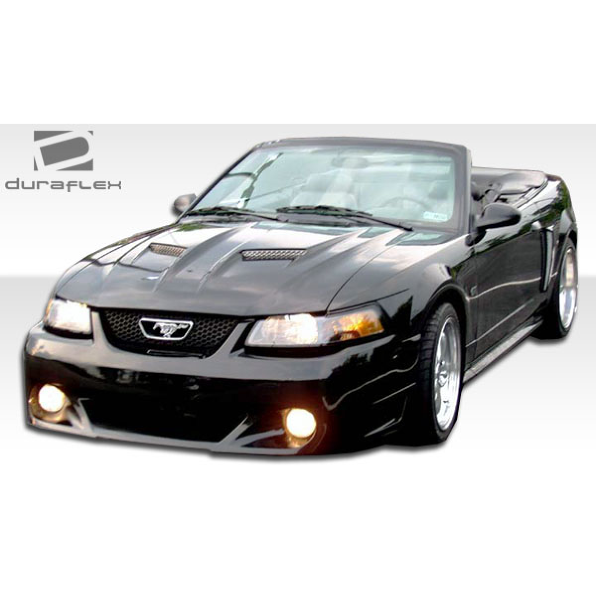 Modify your Ford Mustang 1999 with our Exterior/Front Bumpers or Lips - Front angle view of a black Mustang convertible