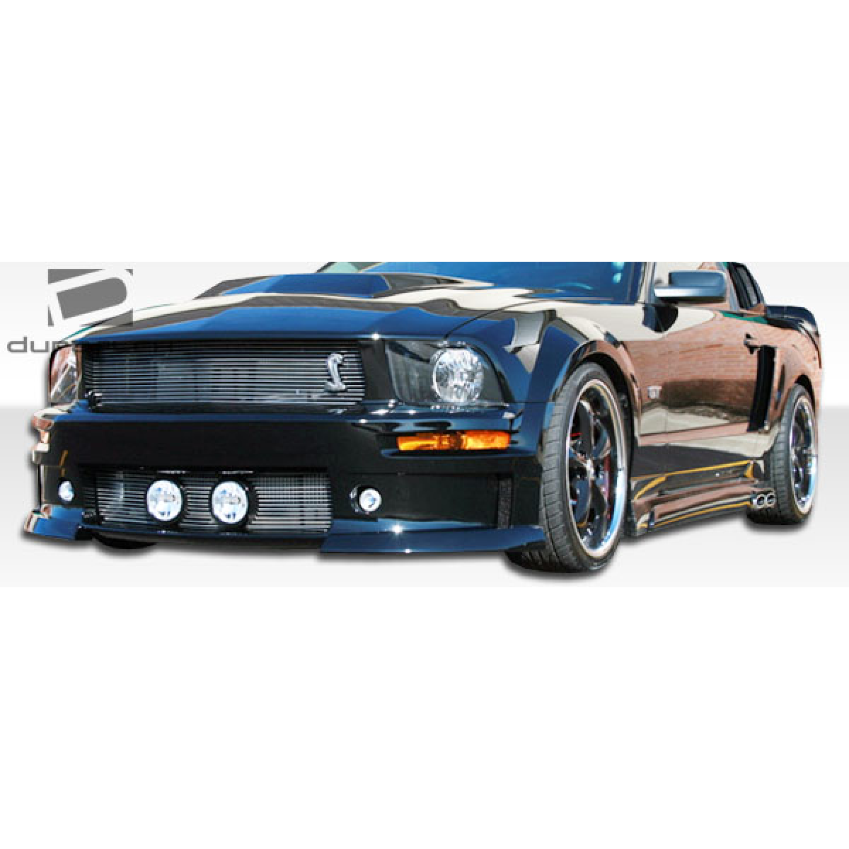 Modify your Ford Mustang 2005 with our Exterior/Complete Body Kits - Front angle view of bumper on black Ford Mustang