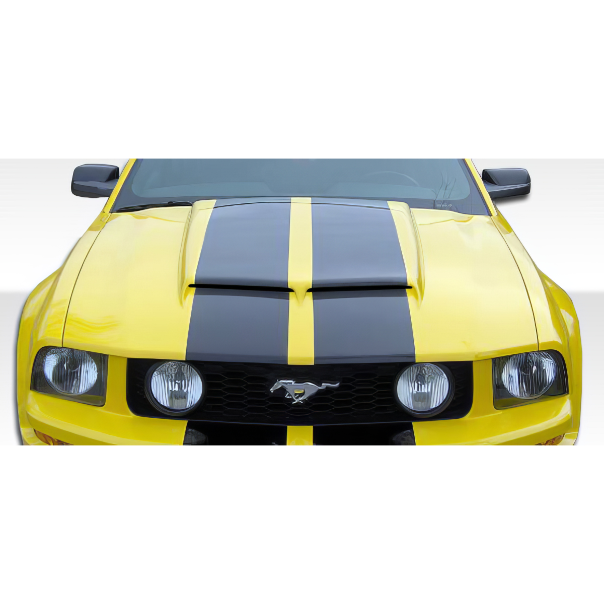 Modify your Ford Mustang 2005 with our Exterior/Hoods - Front view of a yellow Ford Mustang hood