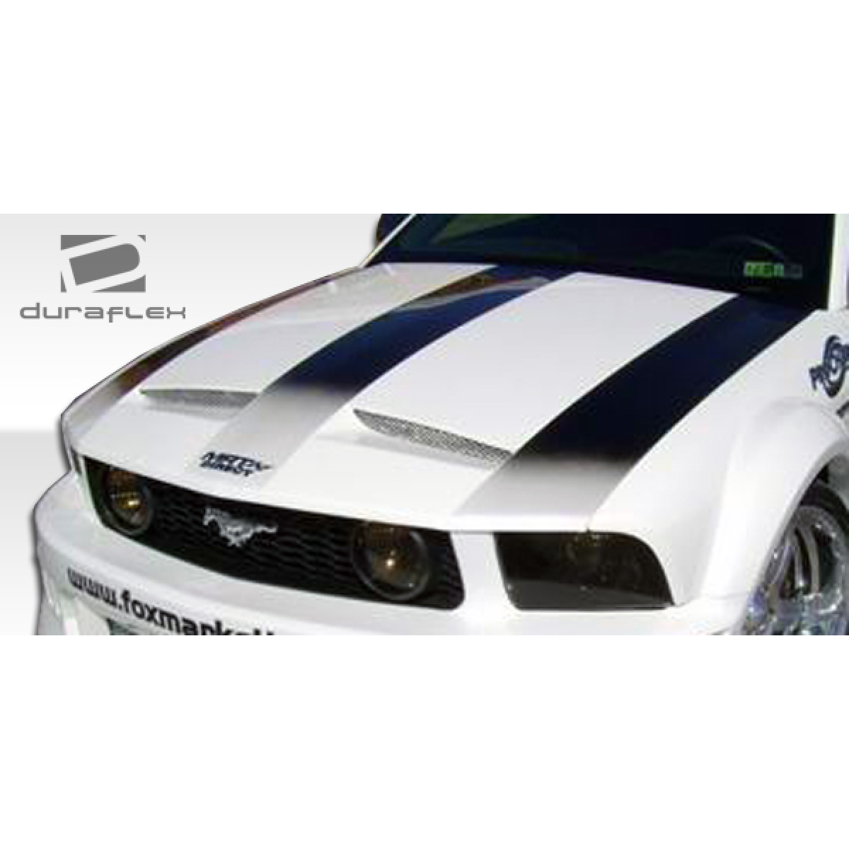 Modify your Ford Mustang 2005 with our Exterior/Hoods - Front angle view of car hood with stripes