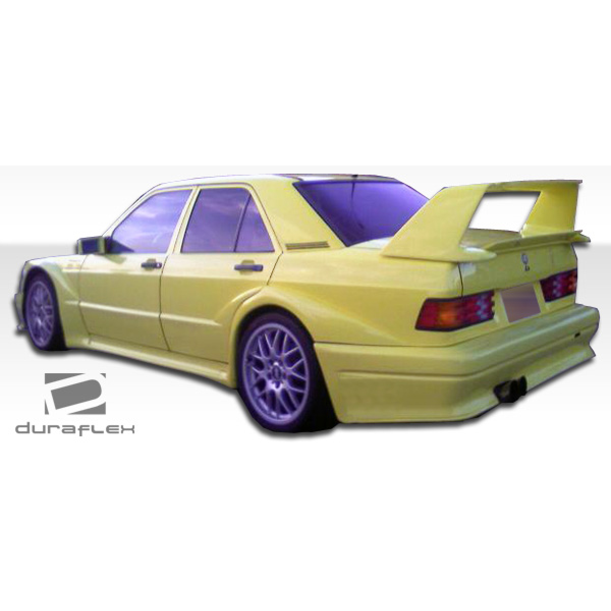 Modify your Mercedes-Benz 190 1984 with our Exterior/Complete Body Kits - Rear angle view of body kit on yellow Mercedes 190