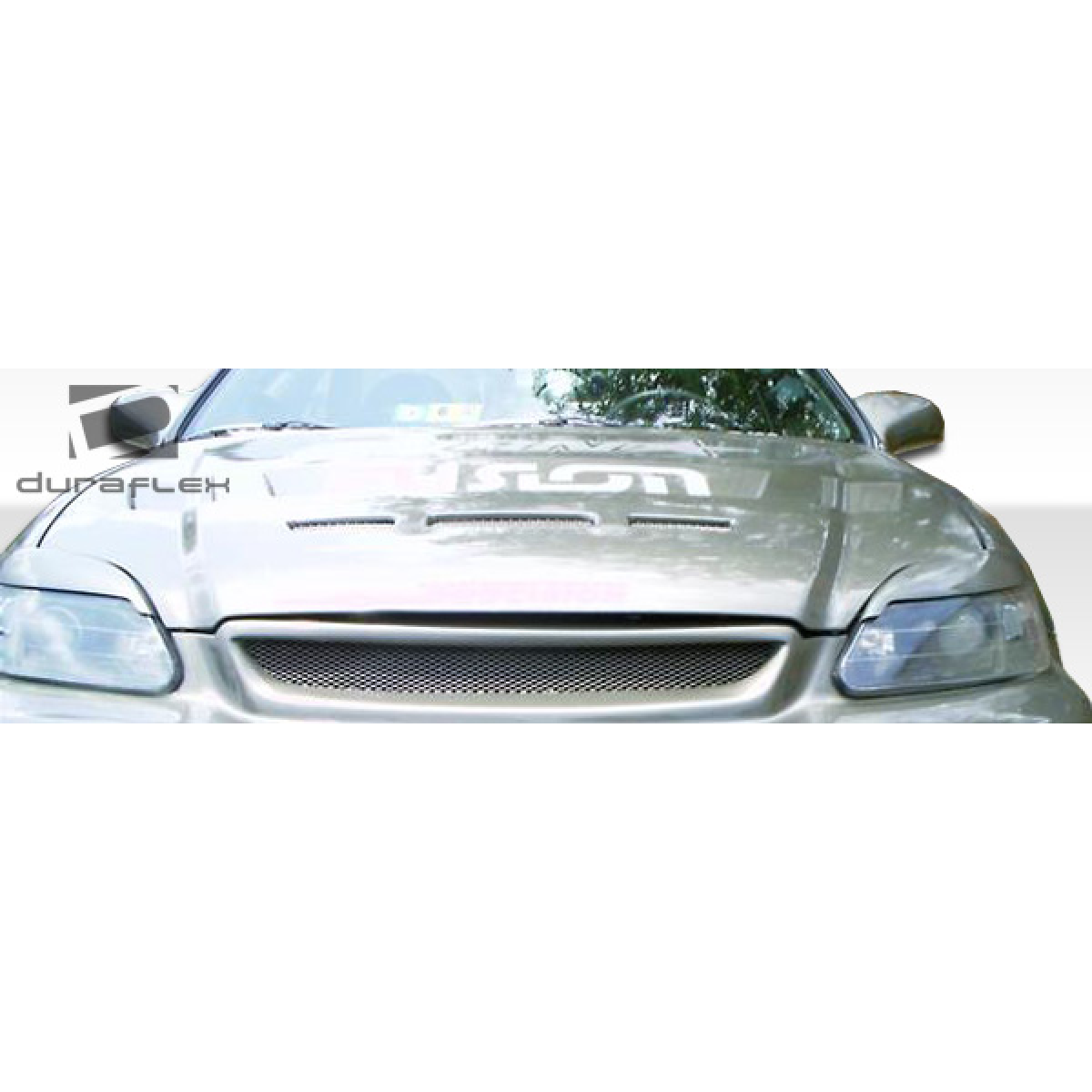 Modify your Honda Civic 1999 with our Exterior/Hoods - Front view angle of a Honda Civic hood part