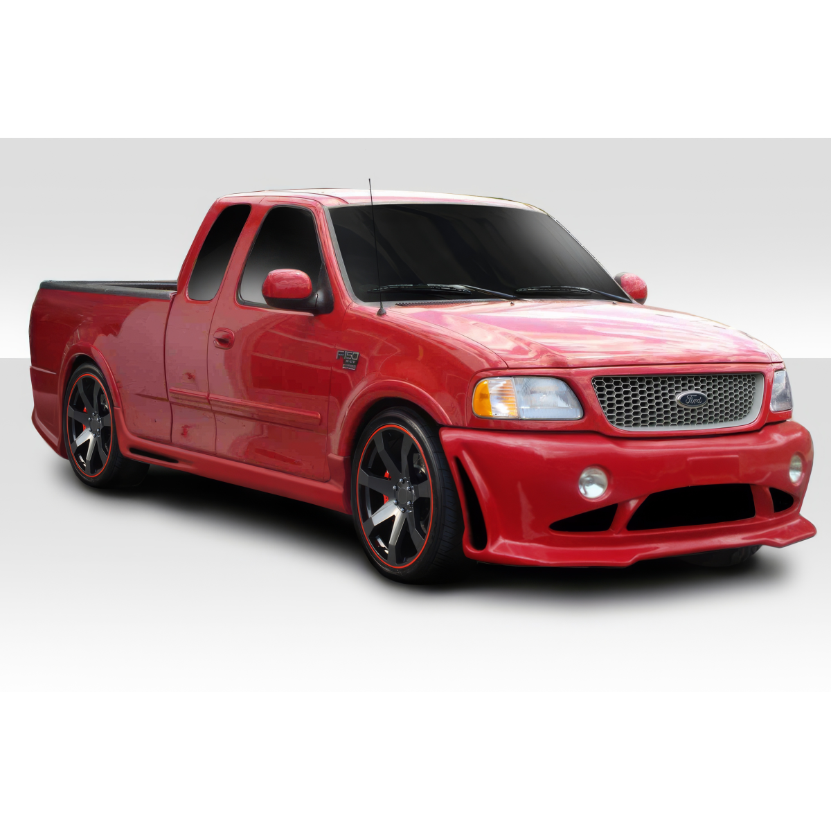 Modify your Ford F-150 1997 with our Exterior/Complete Body Kits - Front angle view of modified red Ford F150 truck