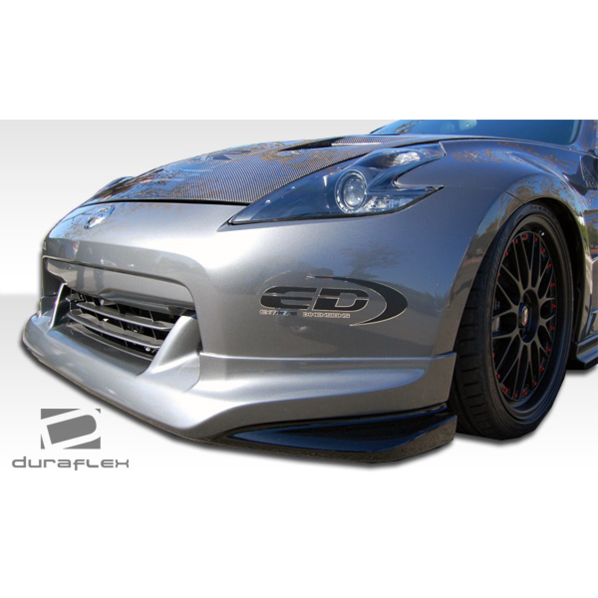 Modify your Nissan 370Z 2009 with our Exterior/Front Bumpers or Lips - Front angle view of car front lip installed