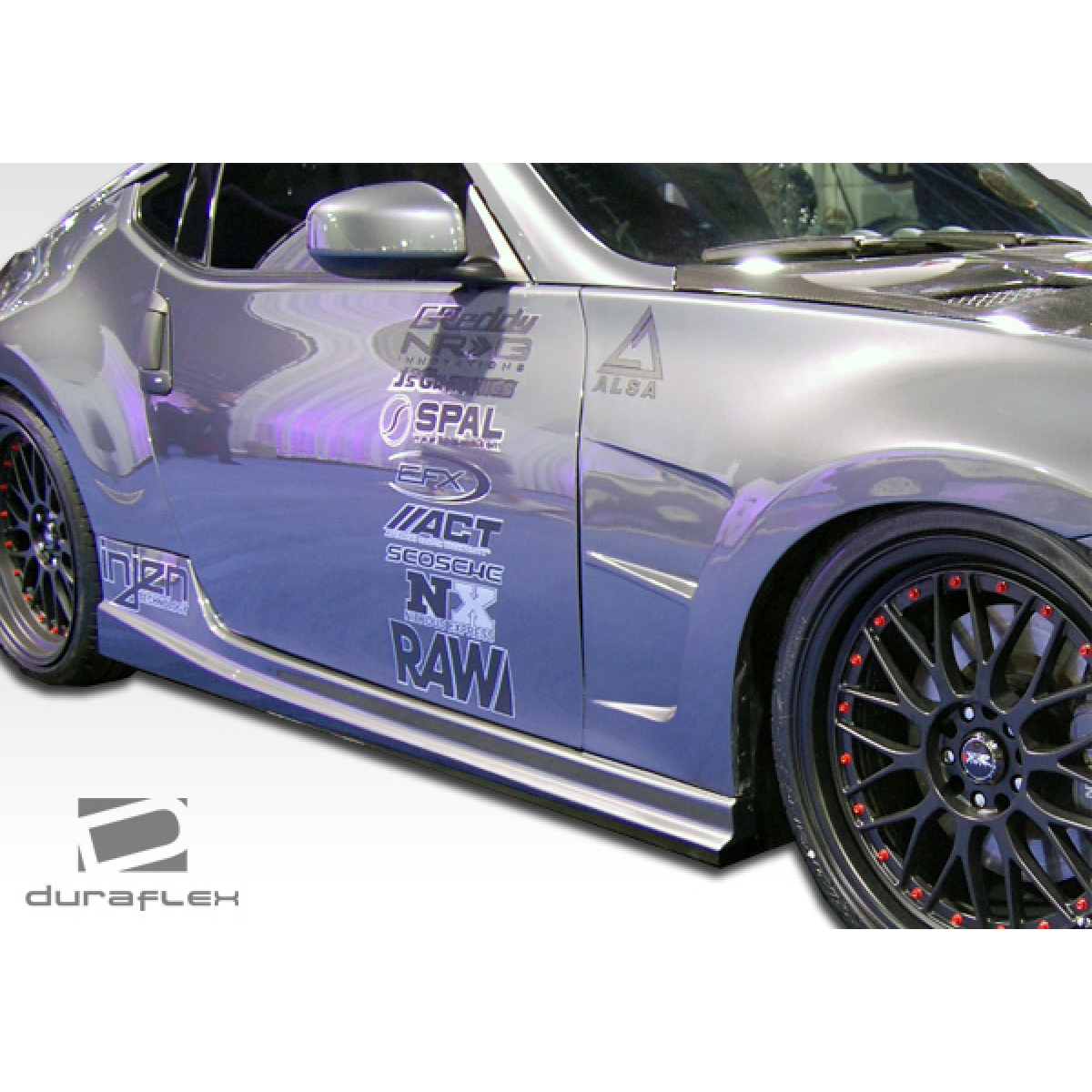 Modify your Nissan 370Z 2009 with our Exterior/Side Skirts - Side view angle of the vehicle showcasing details