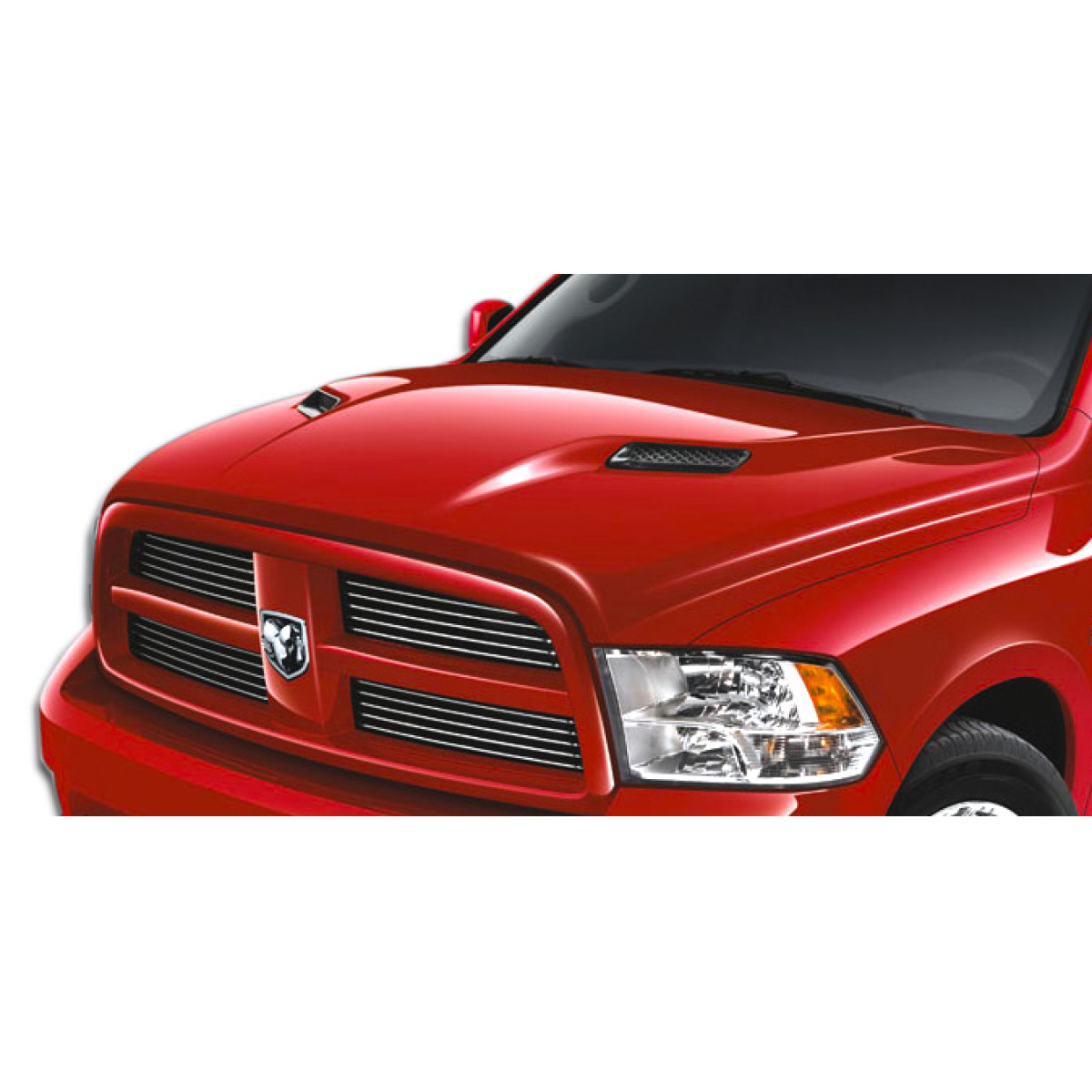 Modify your Dodge Ram 2009 with our Exterior/Hoods - Viewed from a slight angle from the front