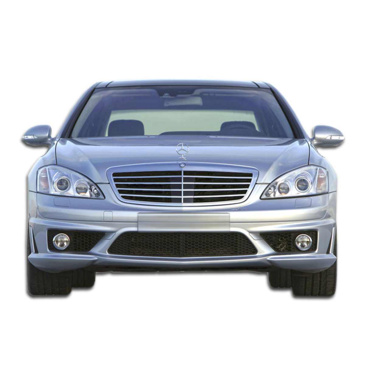 Modify your Mercedes-Benz S-Class 2007 with our Exterior/Front Bumpers or Lips - Front view of a car from a straight angle