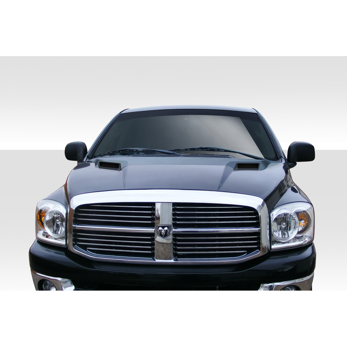 Modify your Dodge Ram 2002 with our Exterior/Hoods - Front view of a vehicle hood from a low angle