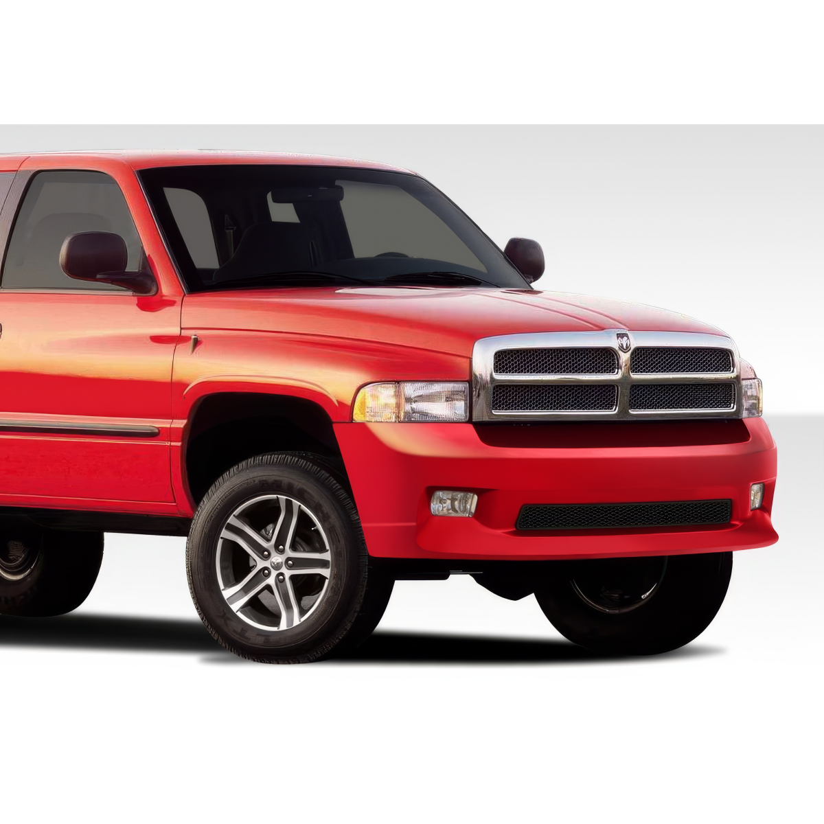 Modify your Dodge Ram 1994 with our Exterior/Front Bumpers or Lips - Front angled view of red Dodge Ram truck