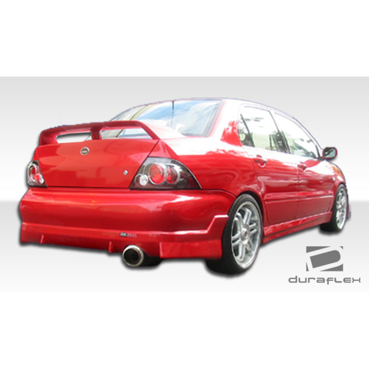 Modify your Mitsubishi Lancer 2002 with our Exterior/Complete Body Kits - Rear angle view of a modified red Mitsubishi Lancer