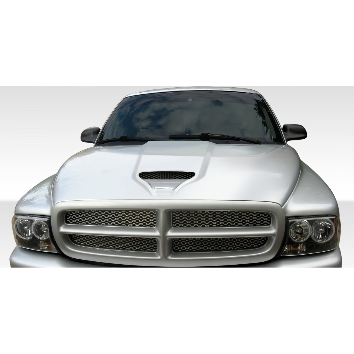 Modify your Dodge Dakota 1997 with our Exterior/Hoods - Front view of a vehicle hood at a straight angle