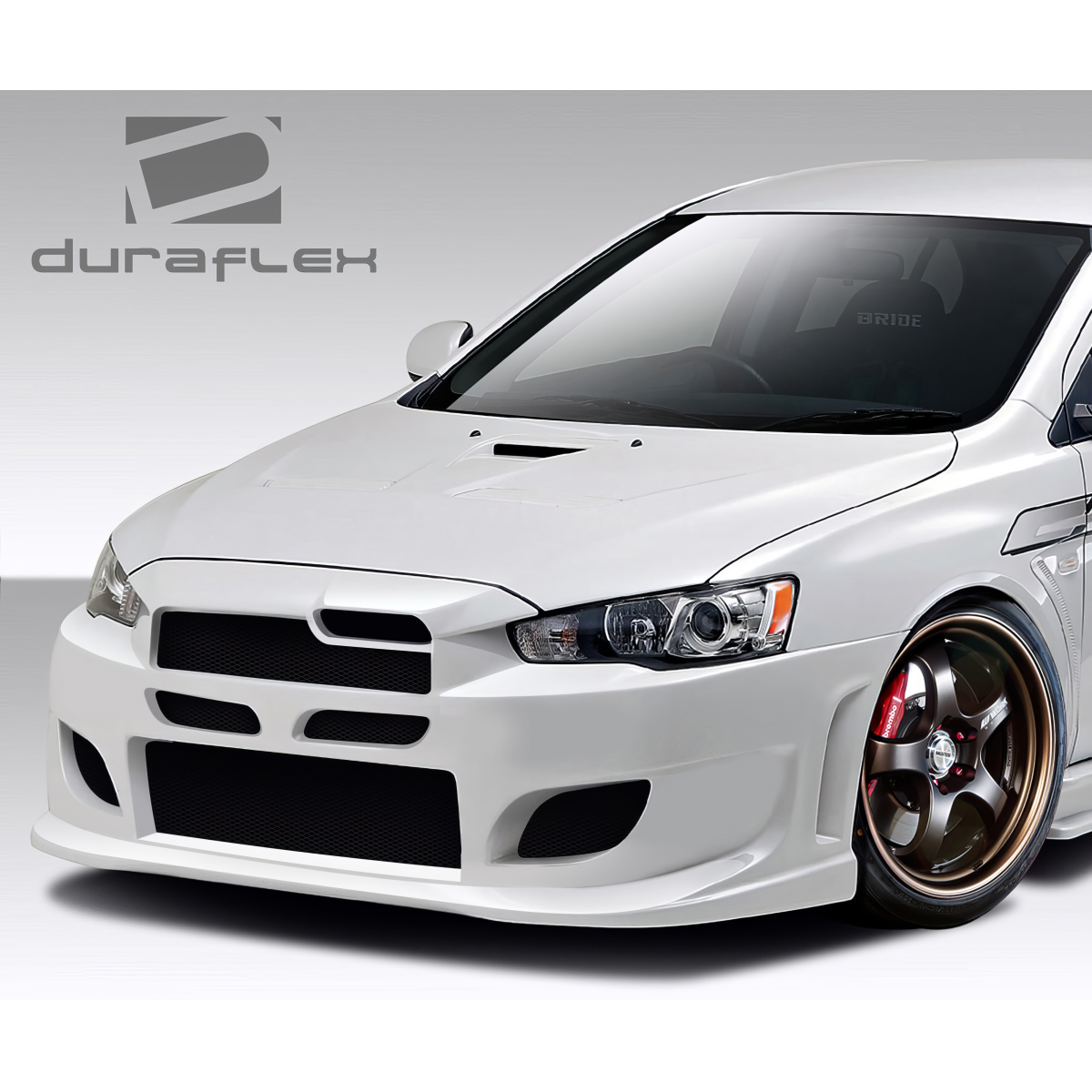 Modify your Mitsubishi Lancer 2008 with our Exterior/Complete Body Kits - Front angle of a modified Mitsubishi Lancer