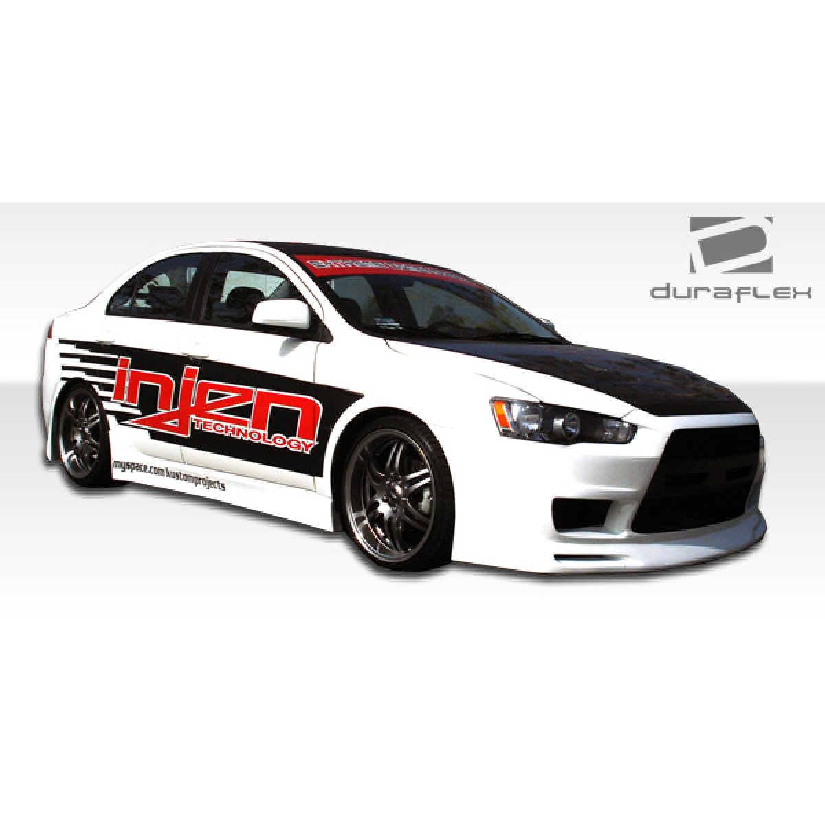 Modify your Mitsubishi Lancer 2008 with our Exterior/Complete Body Kits - Side angle view of a modified white Mitsubishi Lancer