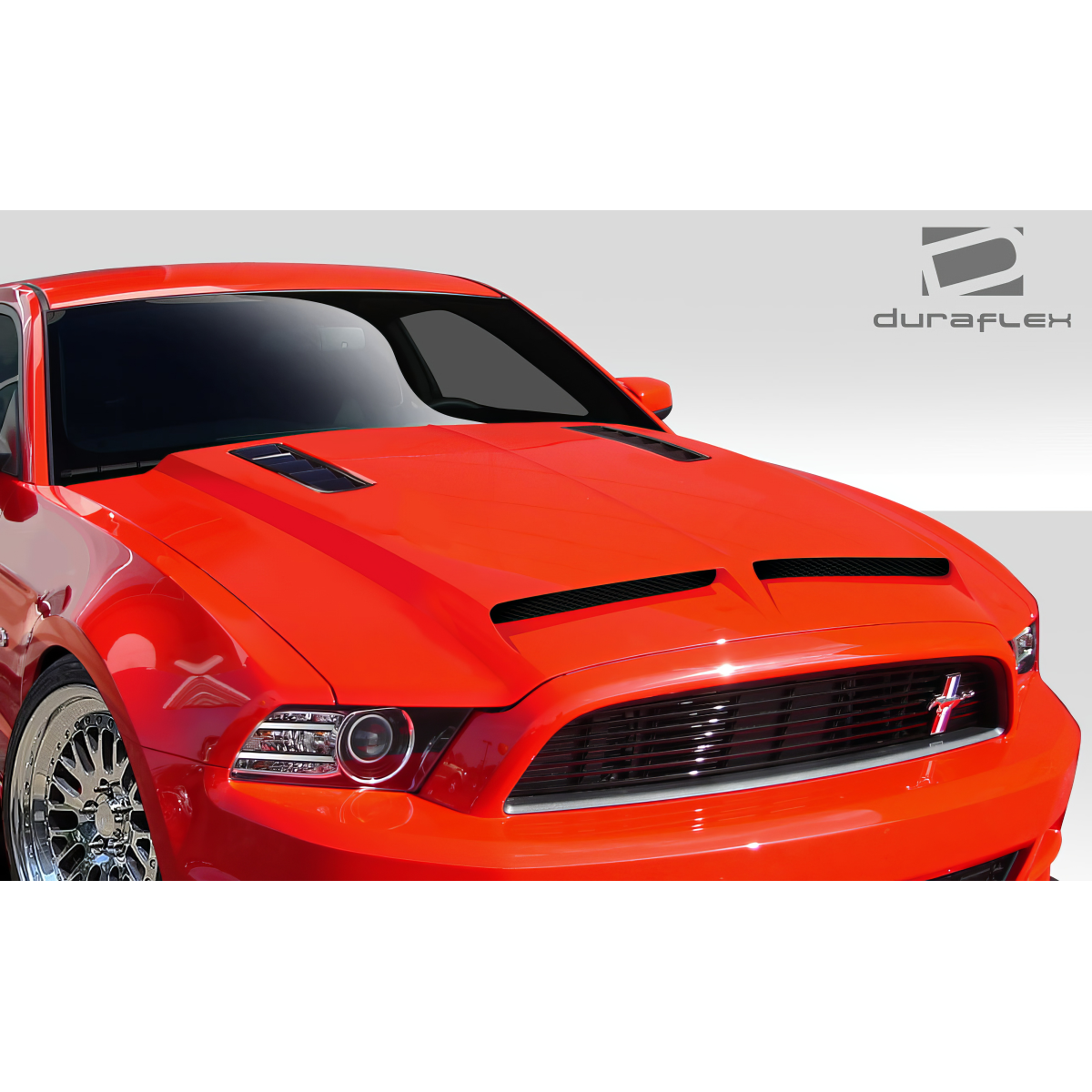 Modify your Ford Mustang 2013 with our Exterior/Hoods - Front angle view of the hood of a car