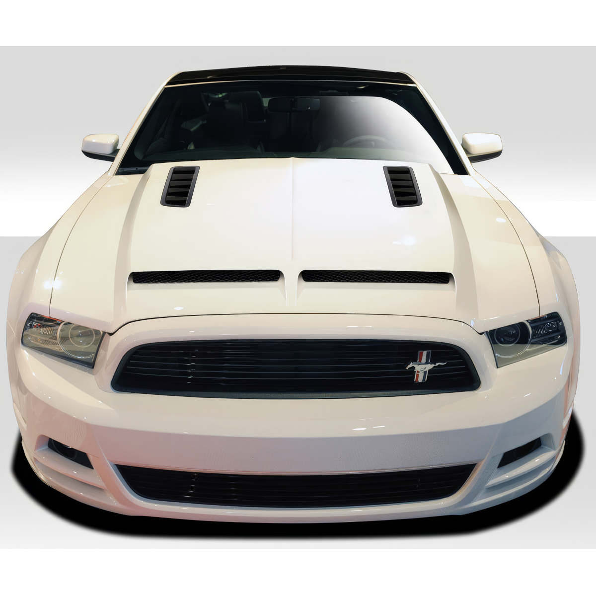 Modify your Ford Mustang 2013 with our Exterior/Hoods - Front view of the vehicle at a straight angle