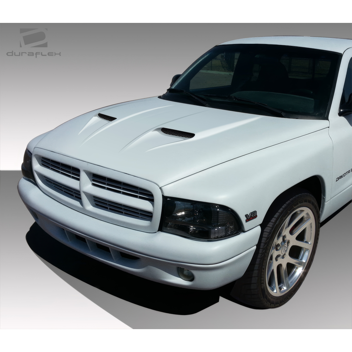 Modify your Dodge Dakota 1997 with our Exterior/Hoods - Front view of a Dodge Dakota hood at a slight angle