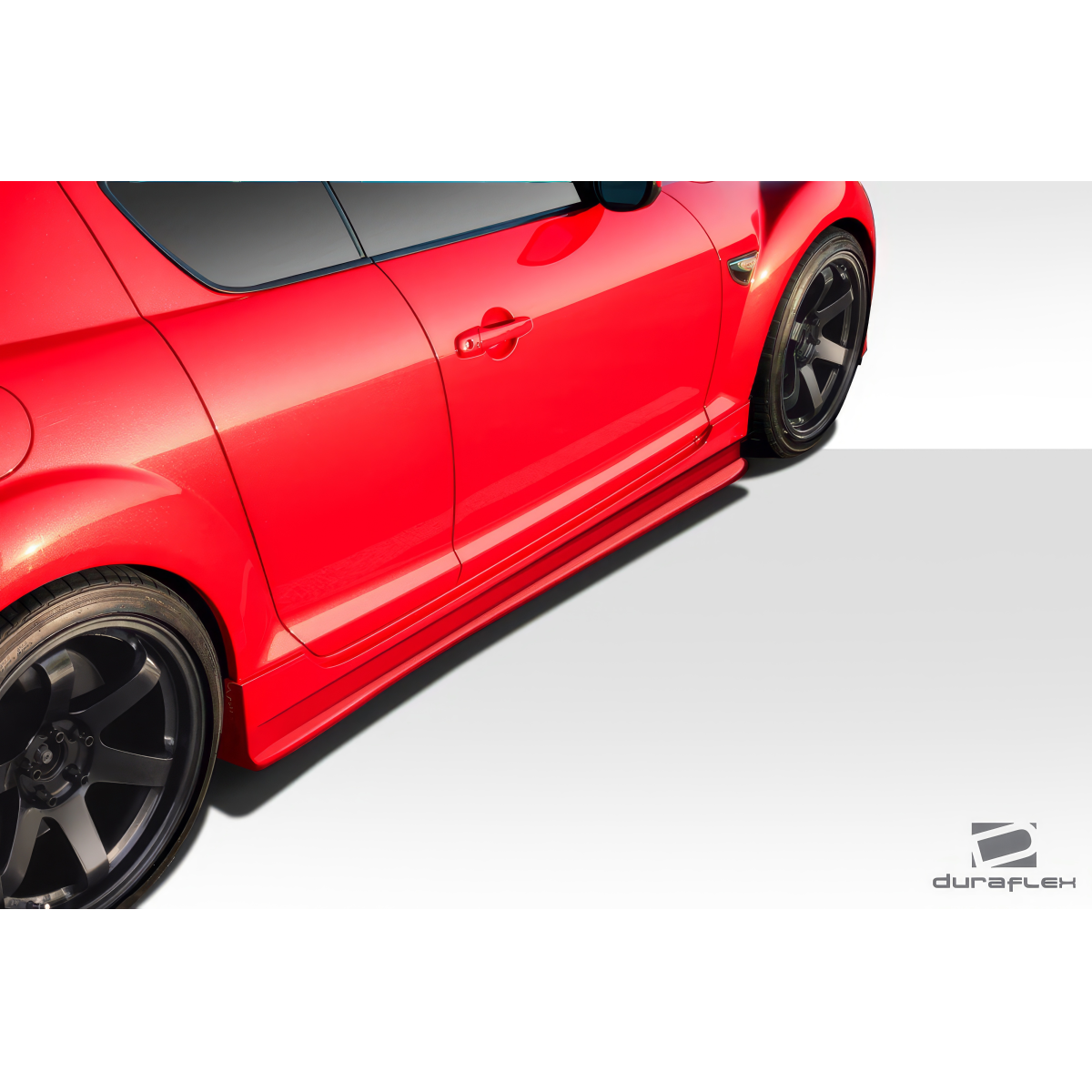 Modify your Mazda RX-8 2004 with our Exterior/Complete Body Kits - Angled view of red Mazda RX-8 side skirts