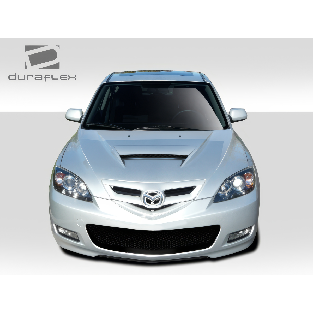 Modify your Mazda 3 2004 with our Exterior/Hoods - Front view of the vehicle from a straight angle