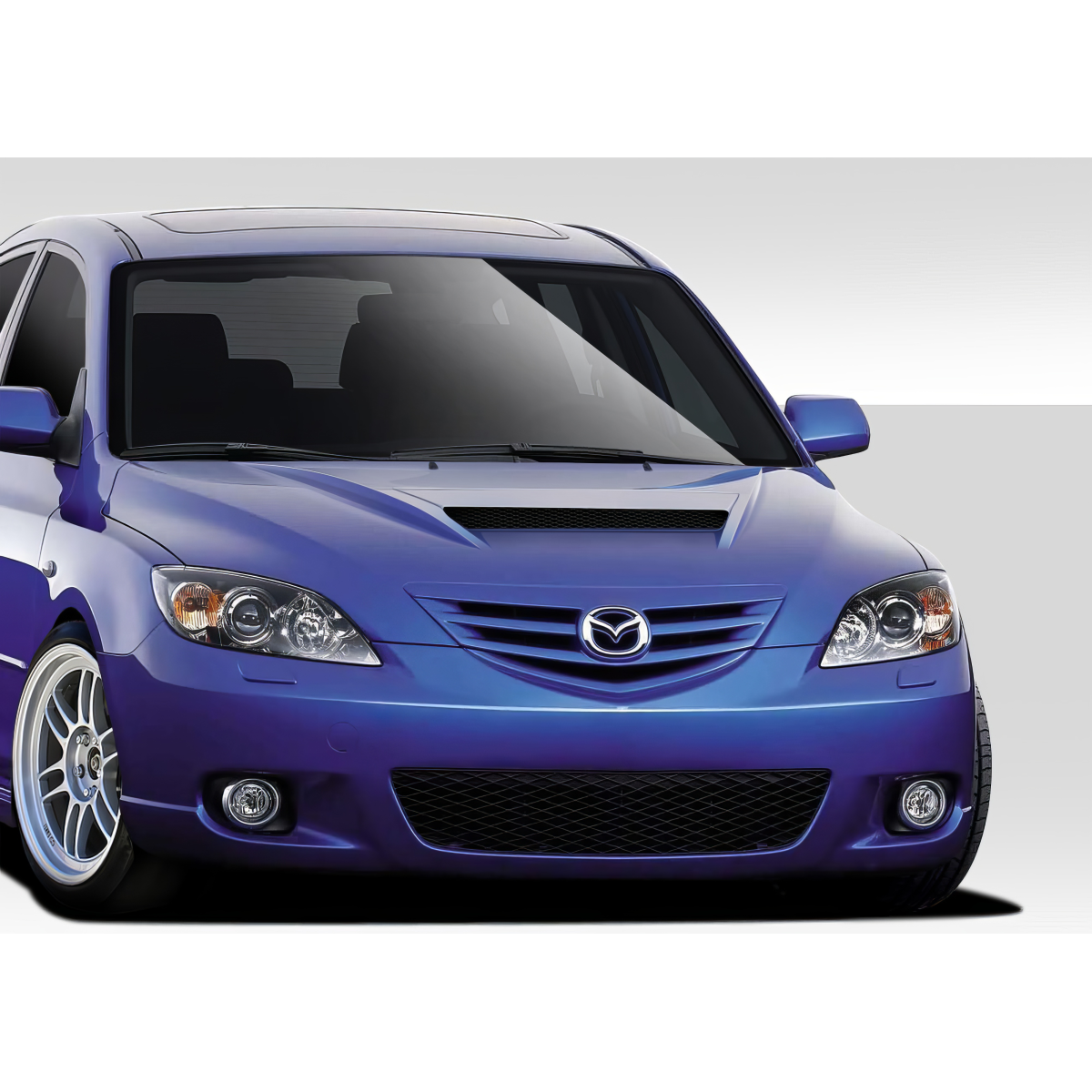 Modify your Mazda 3 2004 with our Exterior/Hoods - Frontal view of the vehicle at eye level