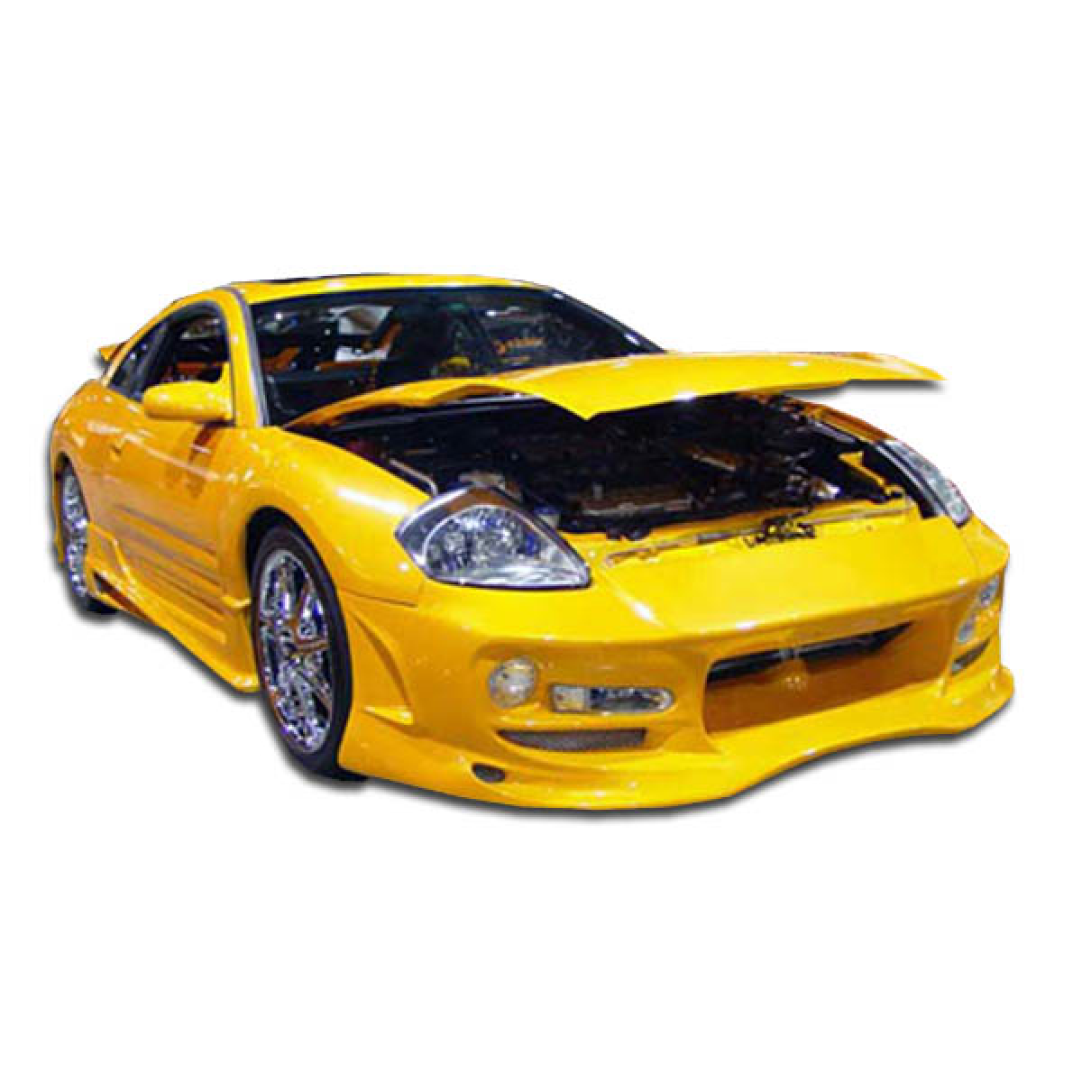 Modify your Mitsubishi Eclipse 2000 with our Exterior/Complete Body Kits - Front angle view of the yellow car with hood open