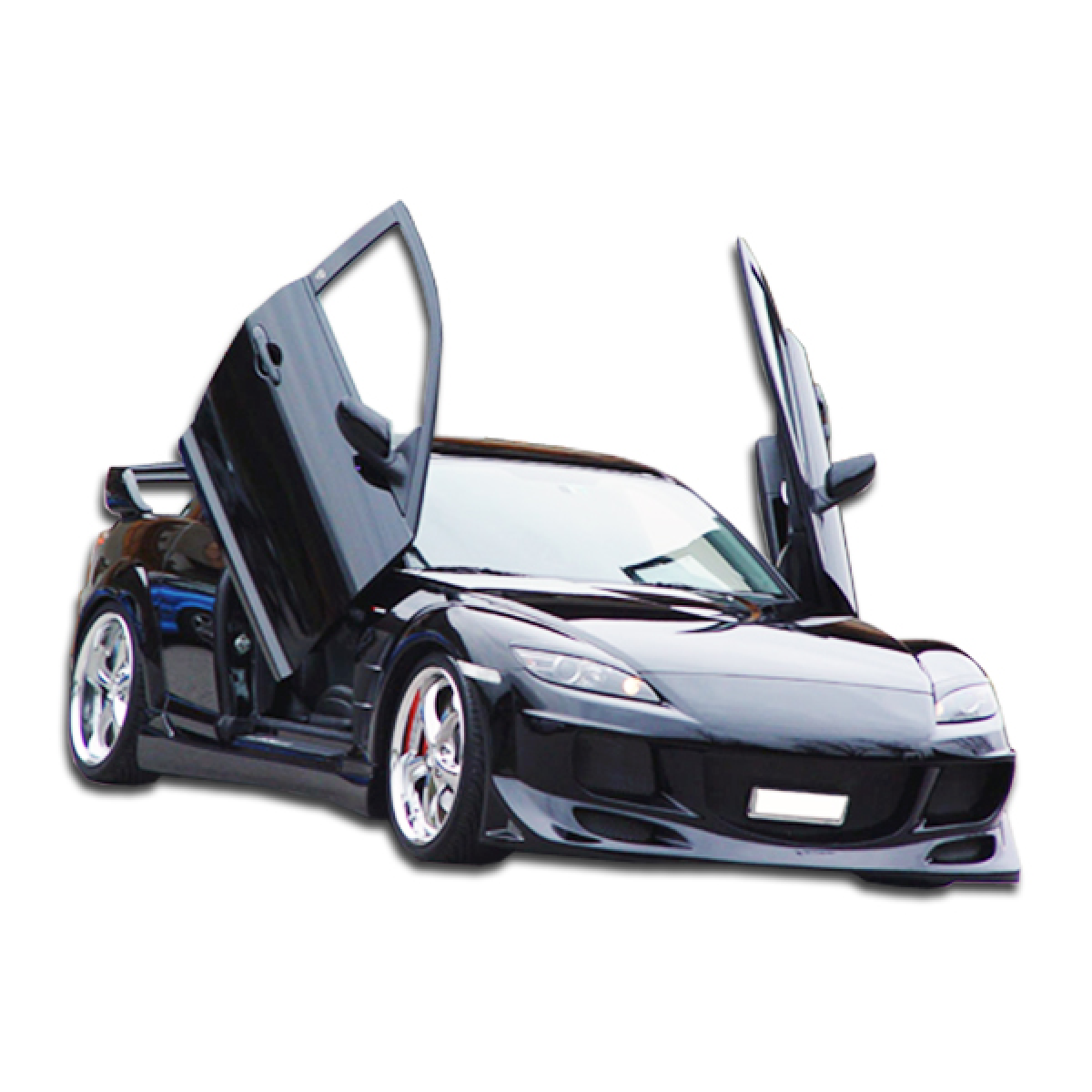 Modify your Mazda RX-8 2004 with our Exterior/Complete Body Kits - Front angle showing doors open on black RX-8