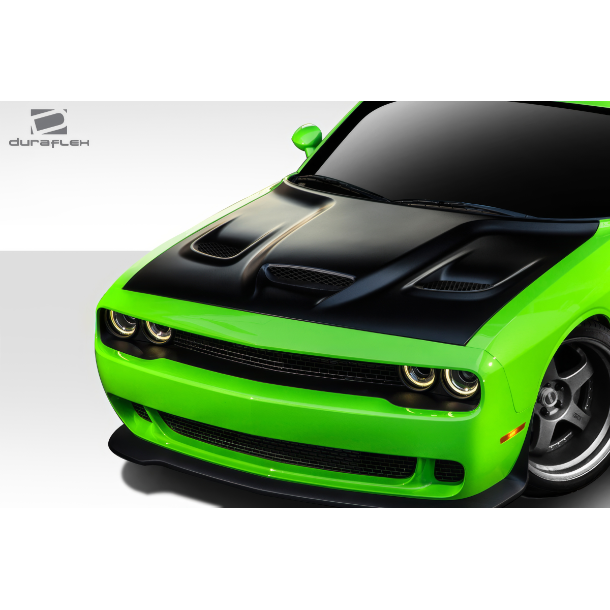 Modify your Dodge Challenger 2008 with our Exterior/Hoods - Front angle view of green Challenger hood