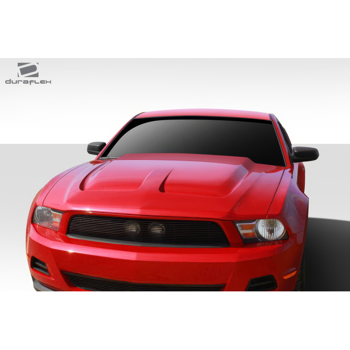 Modify your Ford Mustang 2010 with our Exterior/Hoods - Front angle view of red Ford Mustang hood