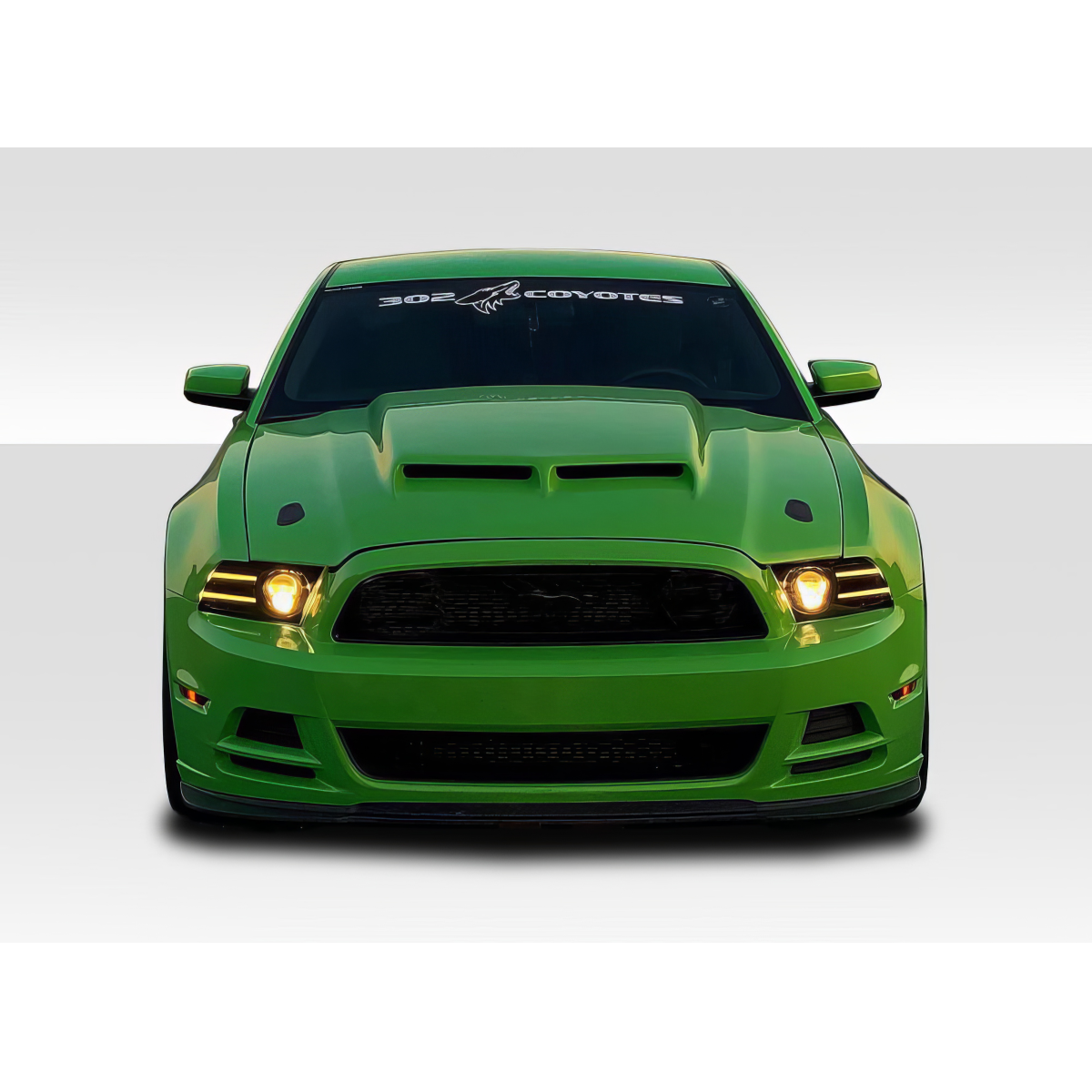 Modify your Ford Mustang 2013 with our Exterior/Hoods - Front view of a green Ford Mustang