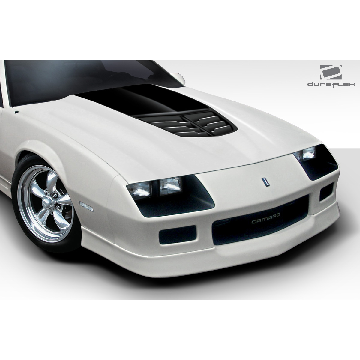 Modify your Chevrolet Camaro 1982 with our Exterior/Hoods - Front angle view of hood on a white Camaro