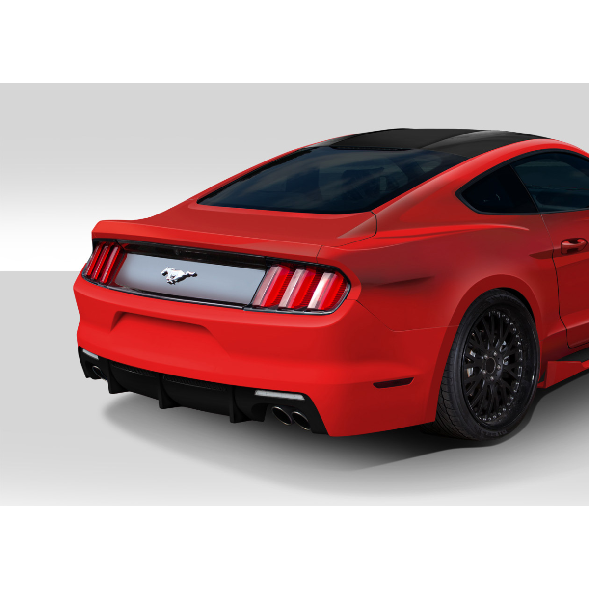 Modify your Ford Mustang 2015 with our Exterior/Rear Bumpers or Lips - Rear angle view of Mustang showing part details