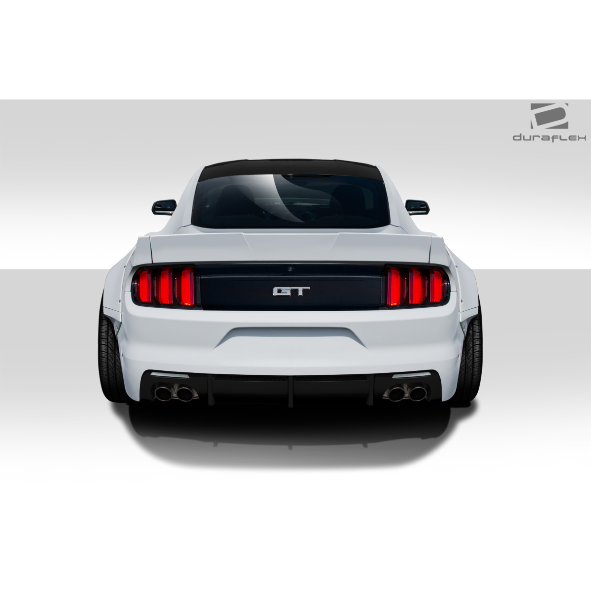 Modify your Ford Mustang 2015 with our Exterior/Rear Bumpers or Lips - Rear view of a white Ford Mustang at eye level