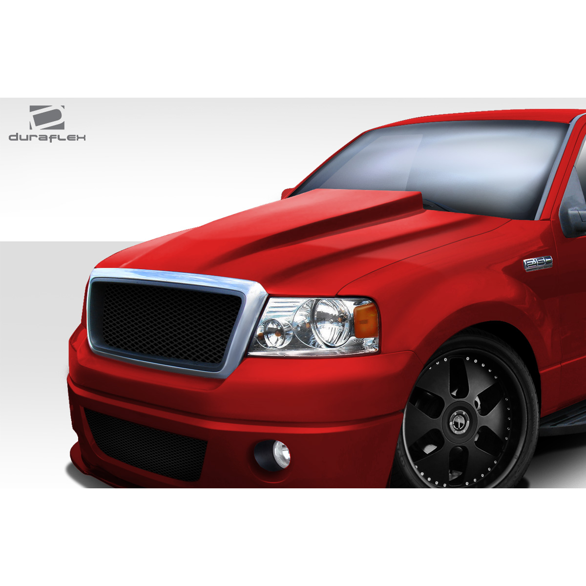 Modify your Ford F-150 2004 with our Exterior/Hoods - Front angle of red Ford F150 with cowl hood