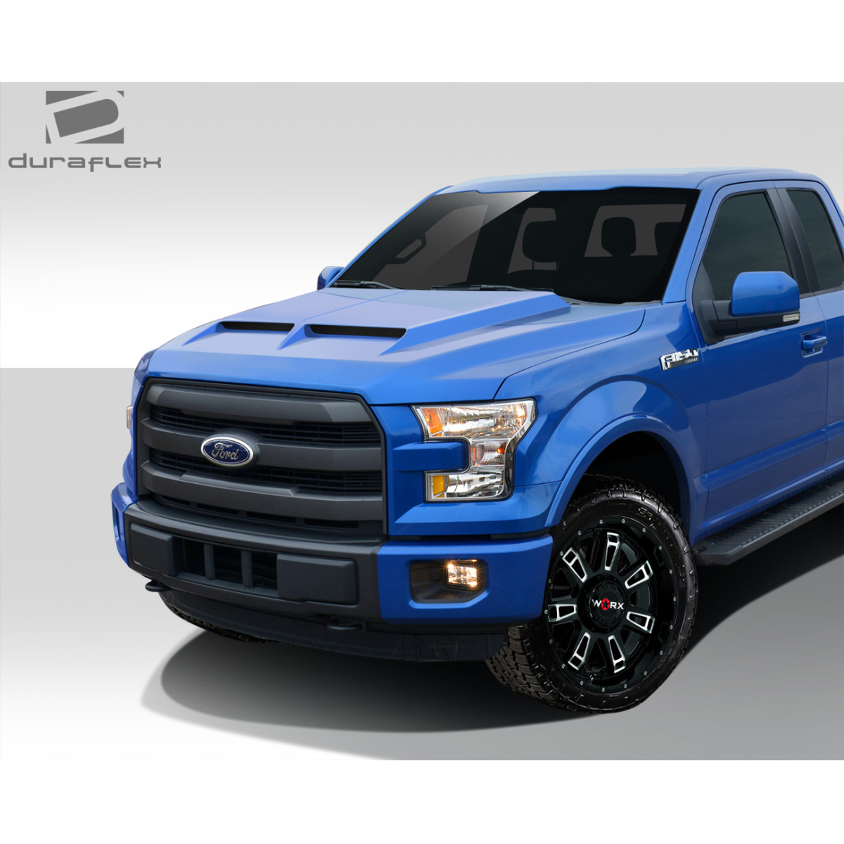 Modify your Ford F-150 2015 with our Exterior/Hoods - Front angle view of blue Ford F150 with hood