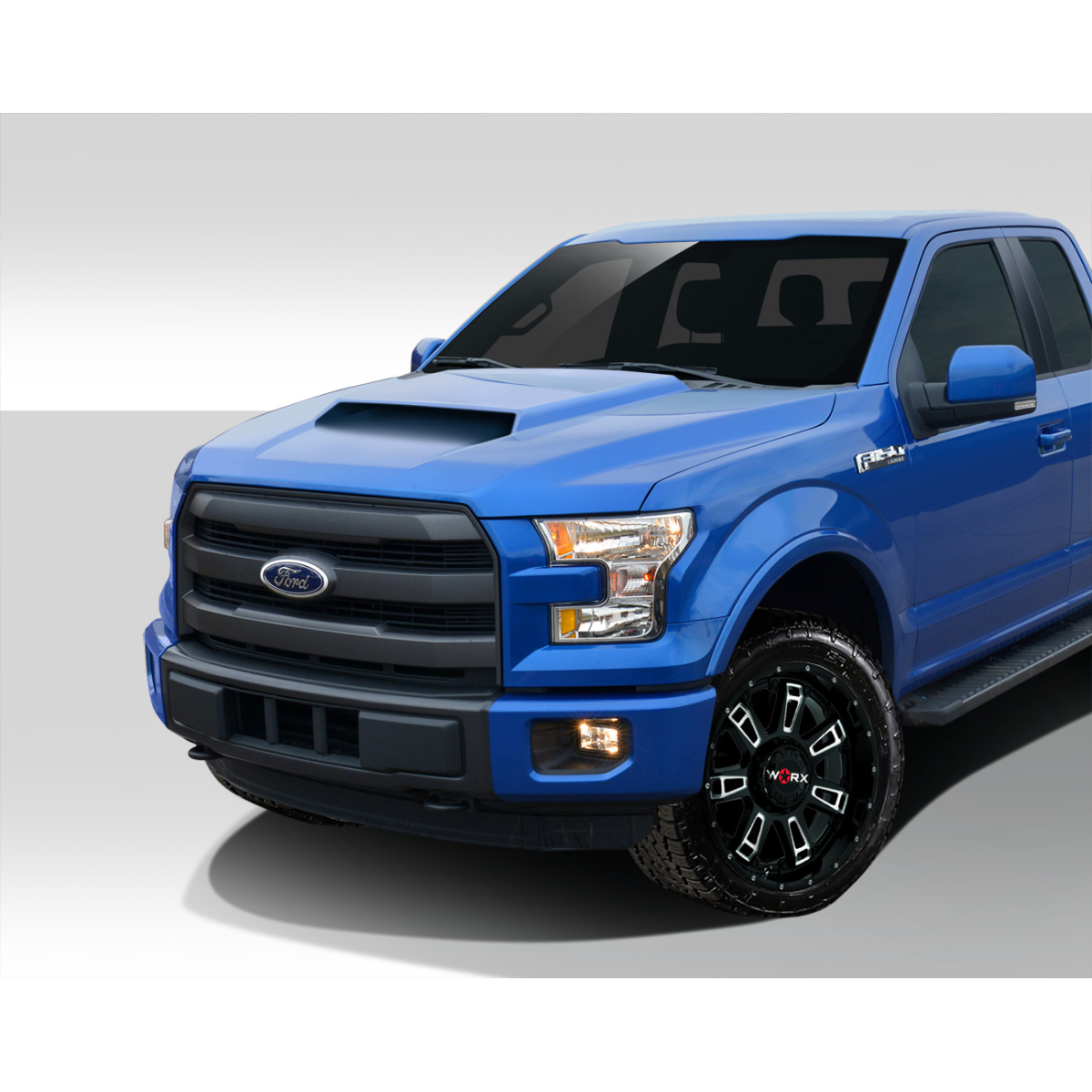 Modify your Ford F-150 2015 with our Exterior/Hoods - Front angle view of the blue Ford F-150 truck