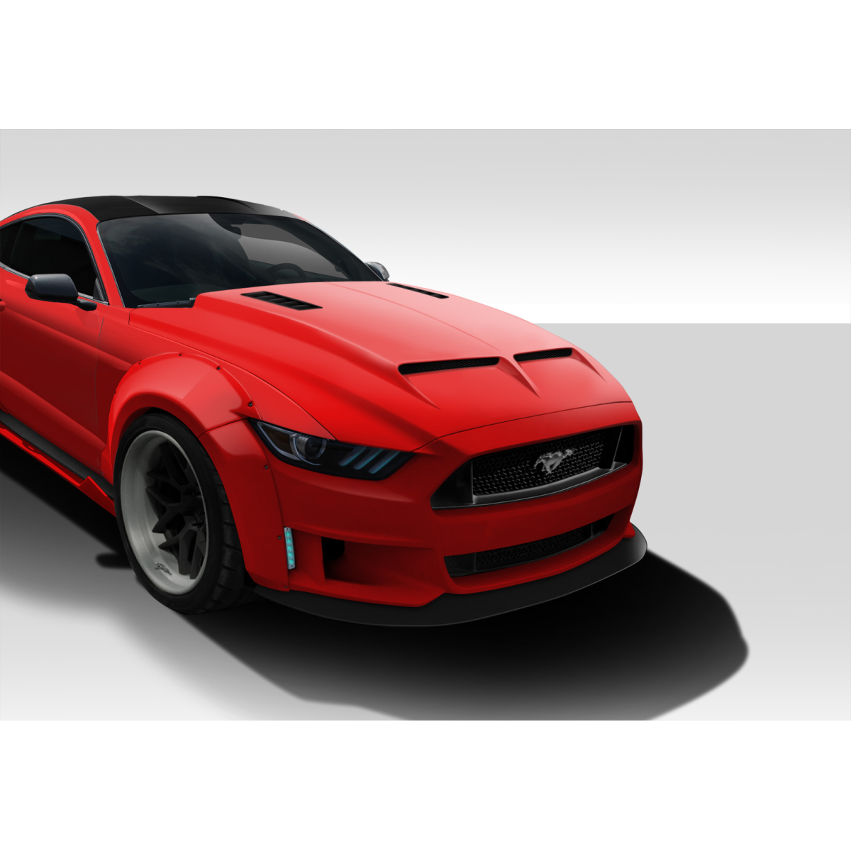 Modify your Ford Mustang 2015 with our Exterior/Hoods - Front quarter angle view of a Mustang