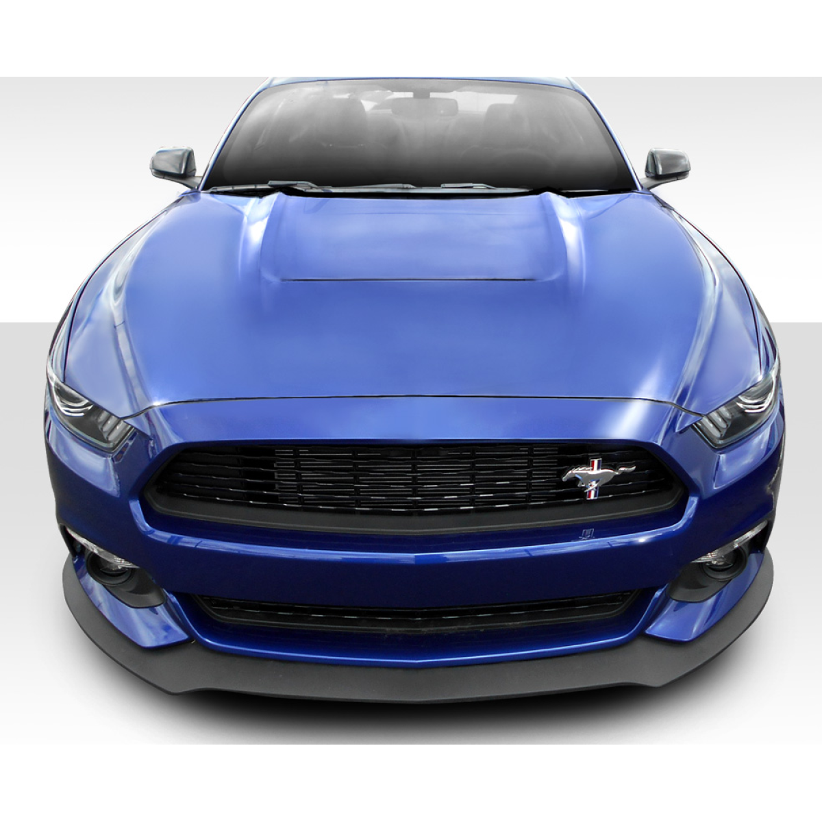 Modify your Ford Mustang 2015 with our Exterior/Hoods - Front view angle of a blue Ford Mustang