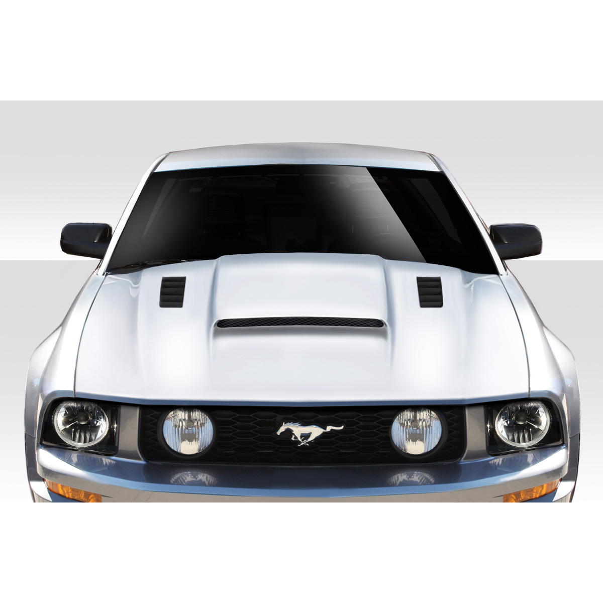 Modify your Ford Mustang 2005 with our Exterior/Hoods - Frontal view of the vehicle at zero degrees angle