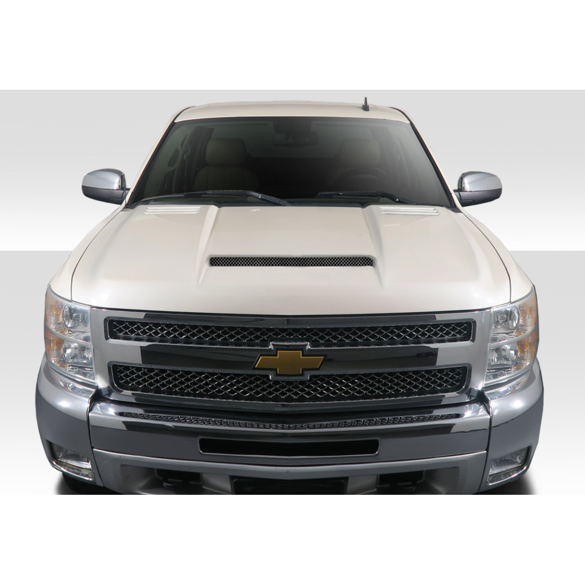 Modify your Chevrolet Silverado 2007 with our Exterior/Hoods - Front view of vehicle part from a straight angle